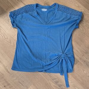Blue V-Neck Women’s Top with Lace Shoulders
